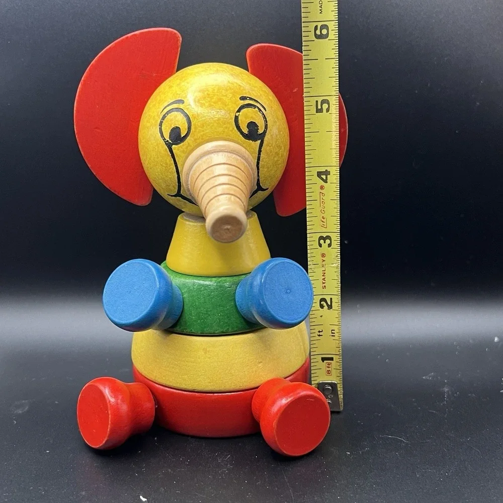 VTG‎ Elephant Wooden Stacking Puzzle 1960s Red Blue Yellow ~ FUN